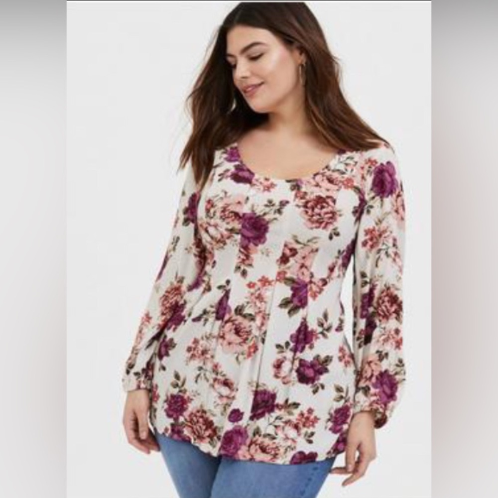 Torrid 3 Romantic Women’s Peach Burgundy Purple Floral Blouse Scoop Neck Sz 3XL